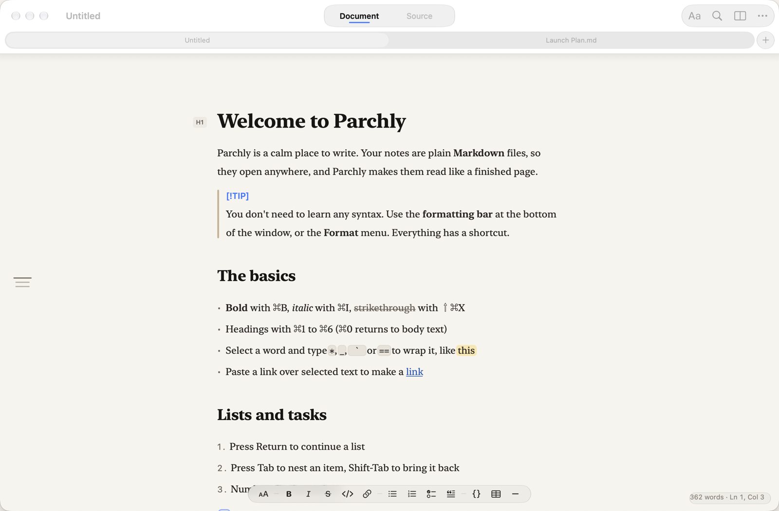 Parchly editing a Markdown note in Document mode with headings, a tip callout, lists and the formatting bar