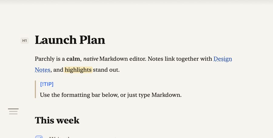 Parchly editor in the selected theme
